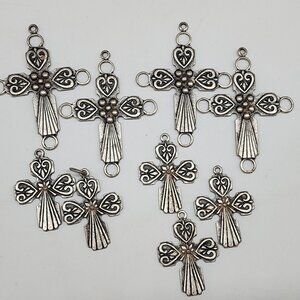 Silver Tone Ornate Cross Charms Heart Floral Design Jewelry Making Craft Project